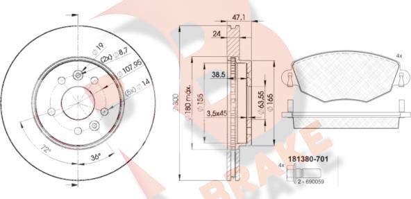 R Brake 3R13806767 - Комплект гальм, дисковий гальмівний механізм autozip.com.ua