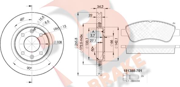 R Brake 3R13884750 - Комплект гальм, дисковий гальмівний механізм autozip.com.ua