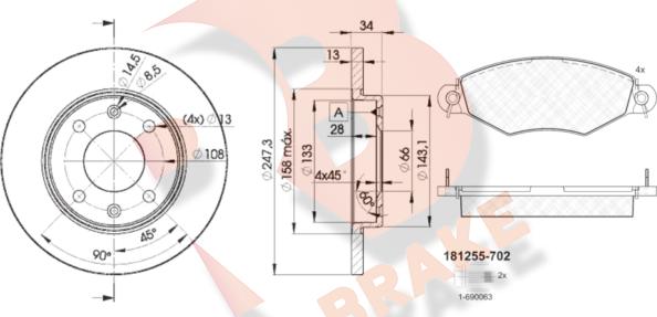 R Brake 3R12554298 - Комплект гальм, дисковий гальмівний механізм autozip.com.ua
