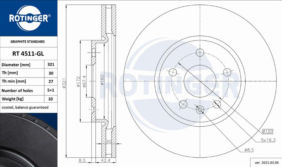 Rotinger RT 4511-GL - Гальмівний диск autozip.com.ua