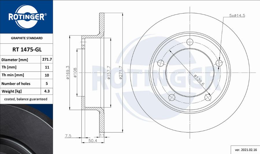 Rotinger RT 1475-GL - Гальмівний диск autozip.com.ua