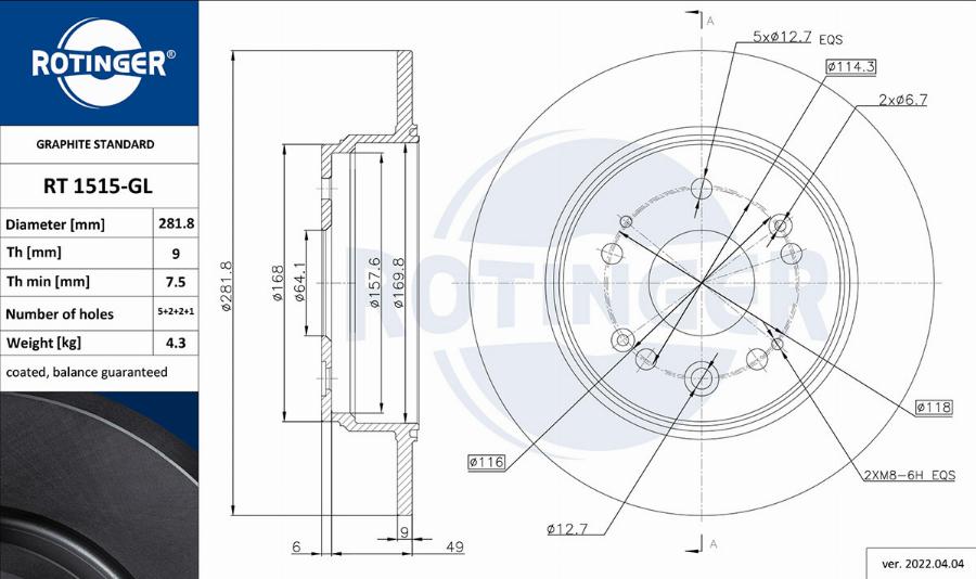 Rotinger RT 1515-GL - Гальмівний диск autozip.com.ua