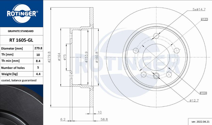 Rotinger RT 1605-GL - Гальмівний диск autozip.com.ua