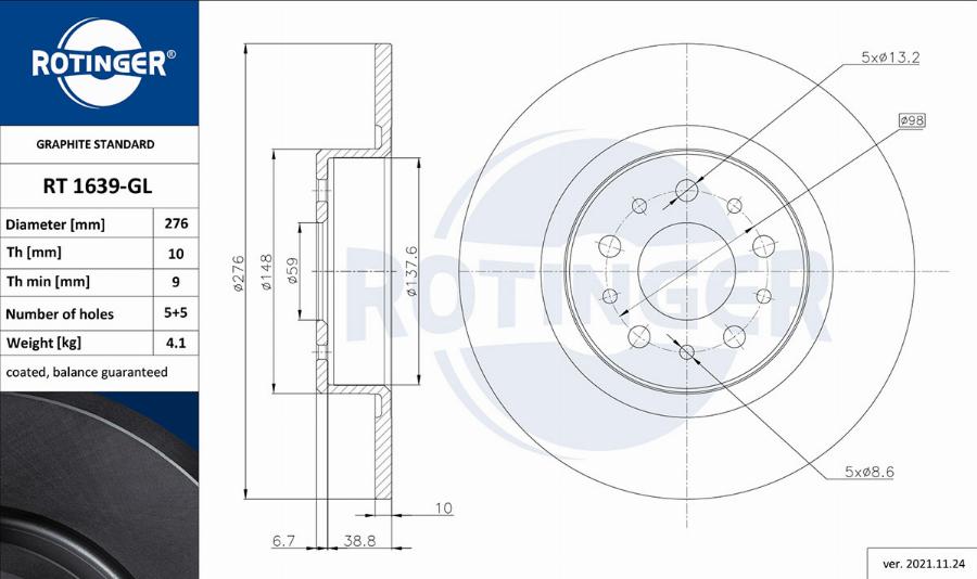 Rotinger RT 1639-GL - Гальмівний диск autozip.com.ua