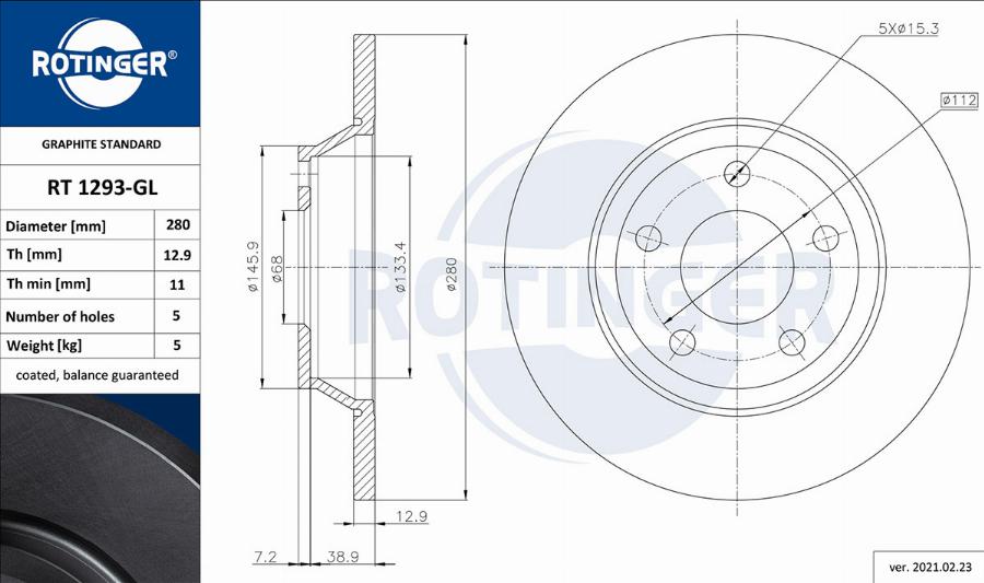 Rotinger RT 1293-GL - Гальмівний диск autozip.com.ua