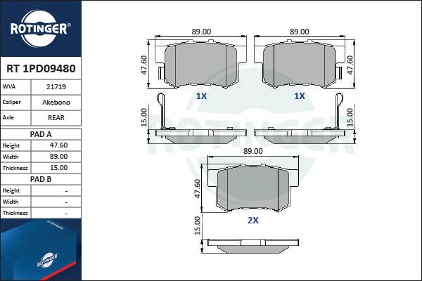 Rotinger RT 1PD09480 - Гальмівні колодки, дискові гальма autozip.com.ua