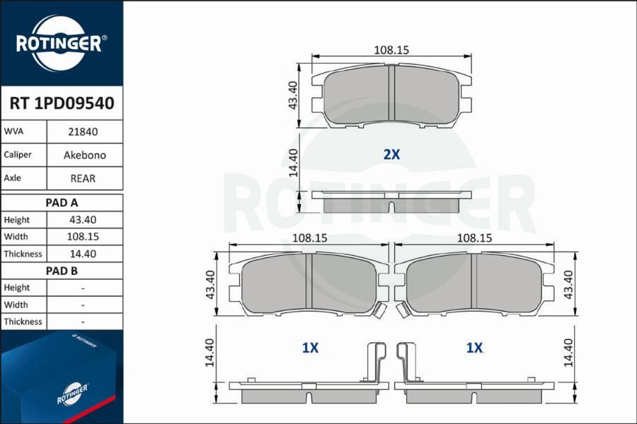 Rotinger RT 1PD09540 - Гальмівні колодки, дискові гальма autozip.com.ua