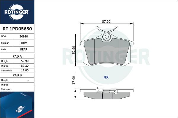 Rotinger RT 1PD05650 - Гальмівні колодки, дискові гальма autozip.com.ua