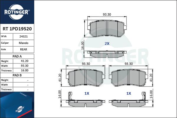 Rotinger RT 1PD19520 - Гальмівні колодки, дискові гальма autozip.com.ua