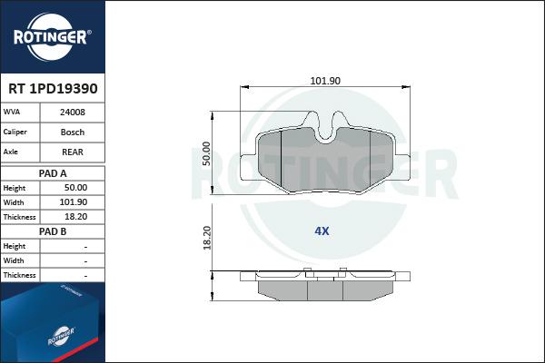 Rotinger RT 1PD19390 - Гальмівні колодки, дискові гальма autozip.com.ua