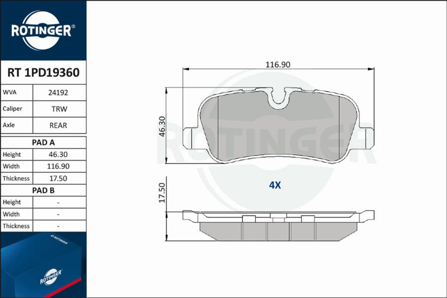 Rotinger RT 1PD19360 - Гальмівні колодки, дискові гальма autozip.com.ua