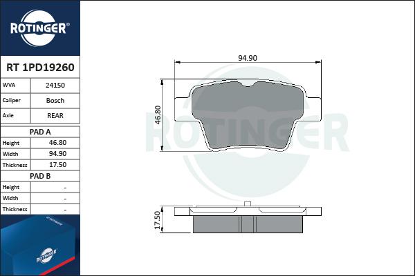 Rotinger RT 1PD19260 - Гальмівні колодки, дискові гальма autozip.com.ua