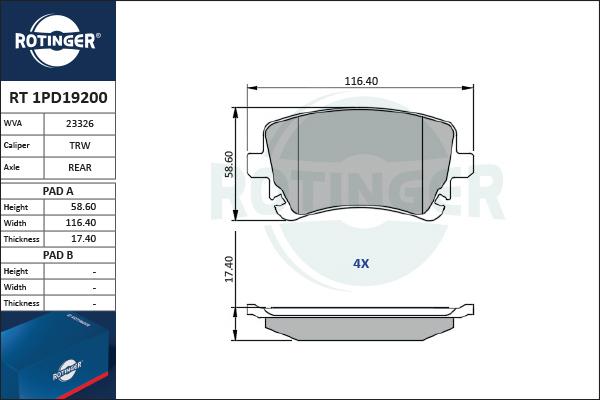 Rotinger RT 1PD19200 - Гальмівні колодки, дискові гальма autozip.com.ua