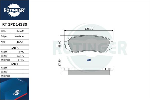 Rotinger RT 1PD14380 - Гальмівні колодки, дискові гальма autozip.com.ua