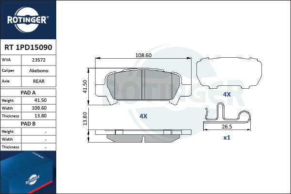 Rotinger RT 1PD15090 - Гальмівні колодки, дискові гальма autozip.com.ua