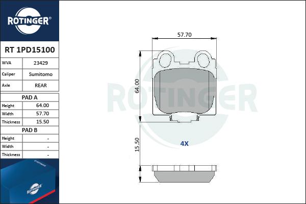 Rotinger RT 1PD15100 - Гальмівні колодки, дискові гальма autozip.com.ua