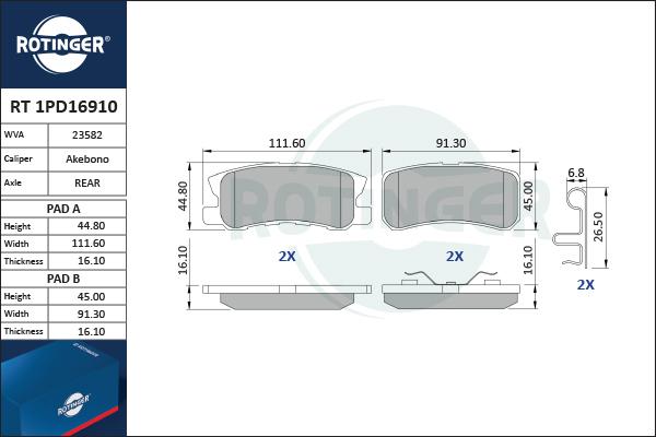 Rotinger RT 1PD16910 - Гальмівні колодки, дискові гальма autozip.com.ua