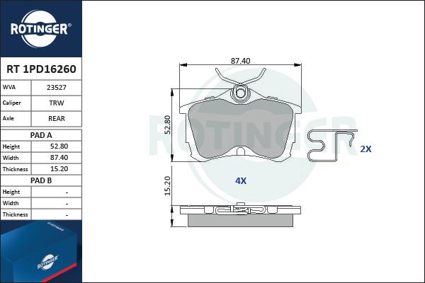 Rotinger RT 1PD16260 - Гальмівні колодки, дискові гальма autozip.com.ua