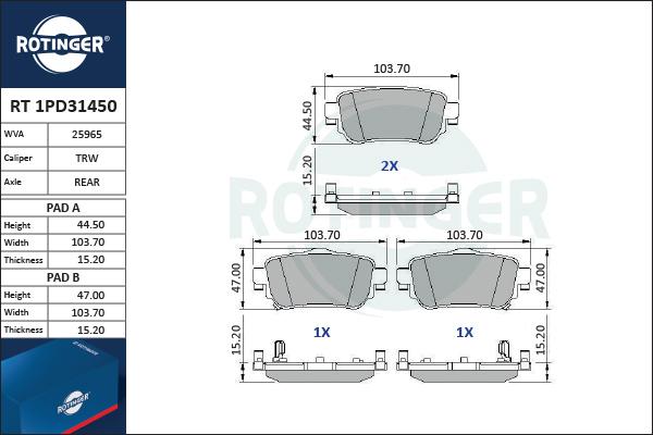 Rotinger RT 1PD31450 - Гальмівні колодки, дискові гальма autozip.com.ua