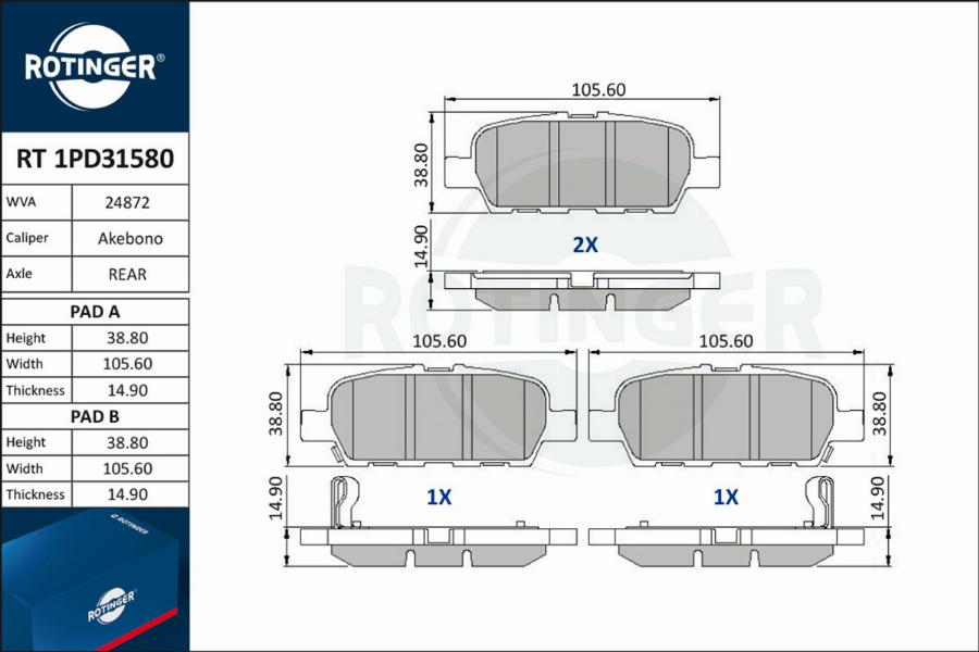 Rotinger RT 1PD31580 - Гальмівні колодки, дискові гальма autozip.com.ua