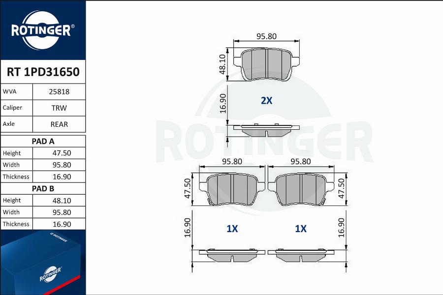 Rotinger RT 1PD31650 - Гальмівні колодки, дискові гальма autozip.com.ua