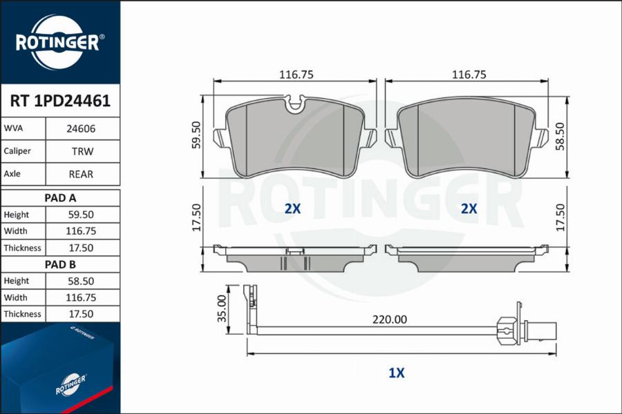 Rotinger RT 1PD24461 - Гальмівні колодки, дискові гальма autozip.com.ua