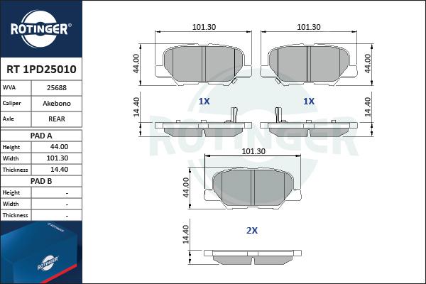 Rotinger RT 1PD25010 - Гальмівні колодки, дискові гальма autozip.com.ua