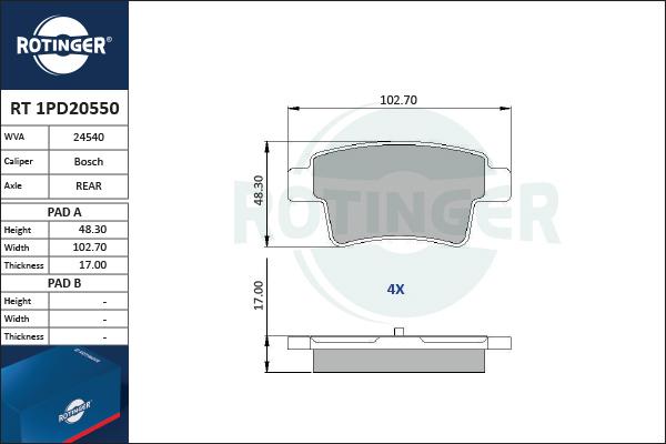 Rotinger RT 1PD20550 - Гальмівні колодки, дискові гальма autozip.com.ua