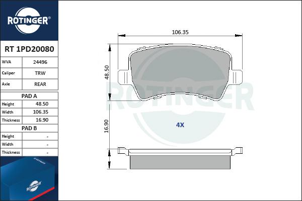 Rotinger RT 1PD20080 - Гальмівні колодки, дискові гальма autozip.com.ua