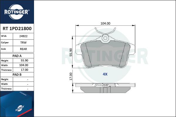 Rotinger RT 1PD21800 - Гальмівні колодки, дискові гальма autozip.com.ua