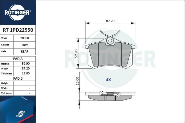 Rotinger RT 1PD22550 - Гальмівні колодки, дискові гальма autozip.com.ua