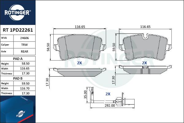 Rotinger RT 1PD22261 - Гальмівні колодки, дискові гальма autozip.com.ua