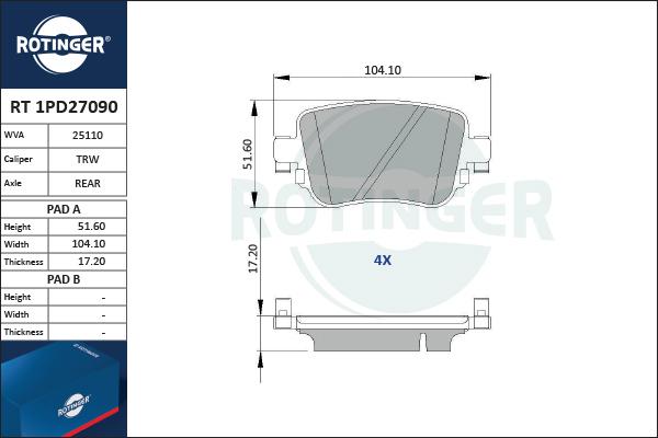 Rotinger RT 1PD27090 - Гальмівні колодки, дискові гальма autozip.com.ua