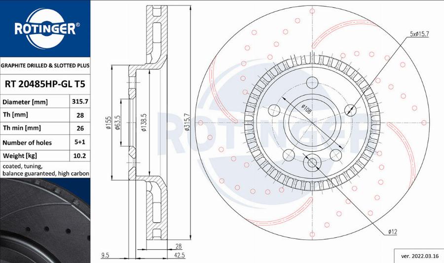 Rotinger RT 20485HP-GL T5 - Гальмівний диск autozip.com.ua