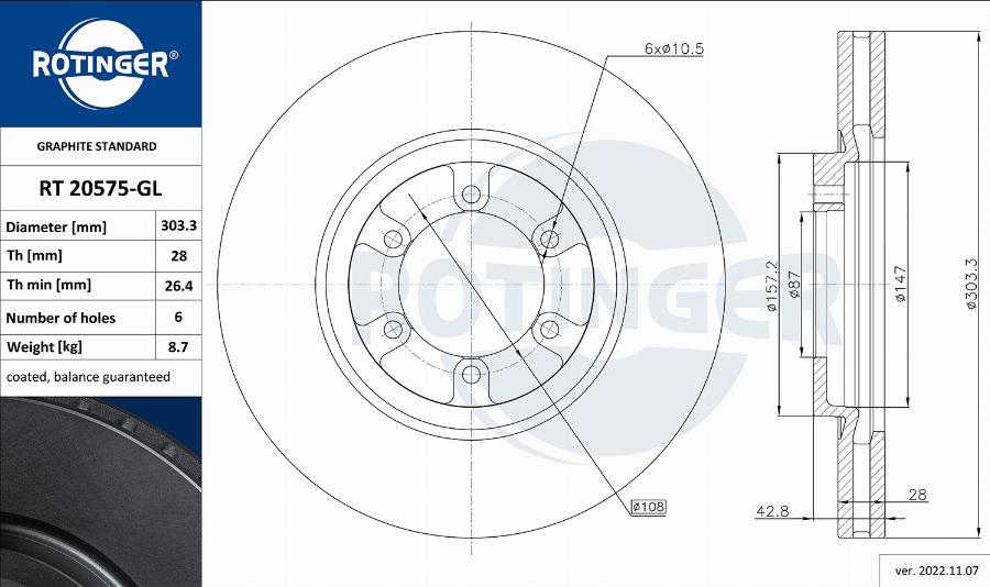 Rotinger RT 20575-GL - Гальмівний диск autozip.com.ua