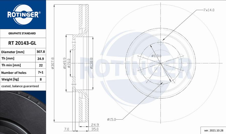 Rotinger RT 20143-GL - Гальмівний диск autozip.com.ua