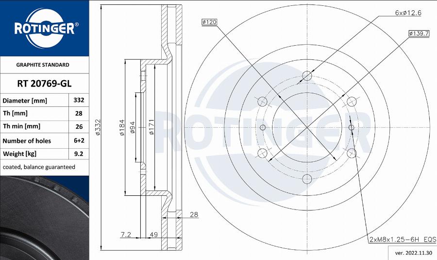 Rotinger RT 20769-GL - Гальмівний диск autozip.com.ua