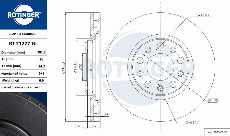 Rotinger RT 21277-GL - Гальмівний диск autozip.com.ua