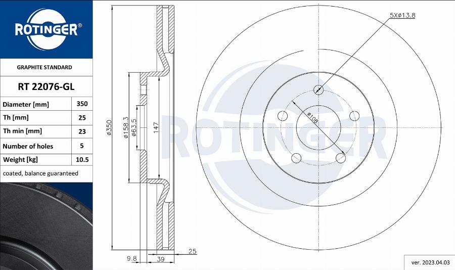 Rotinger RT 22076-GL - Гальмівний диск autozip.com.ua