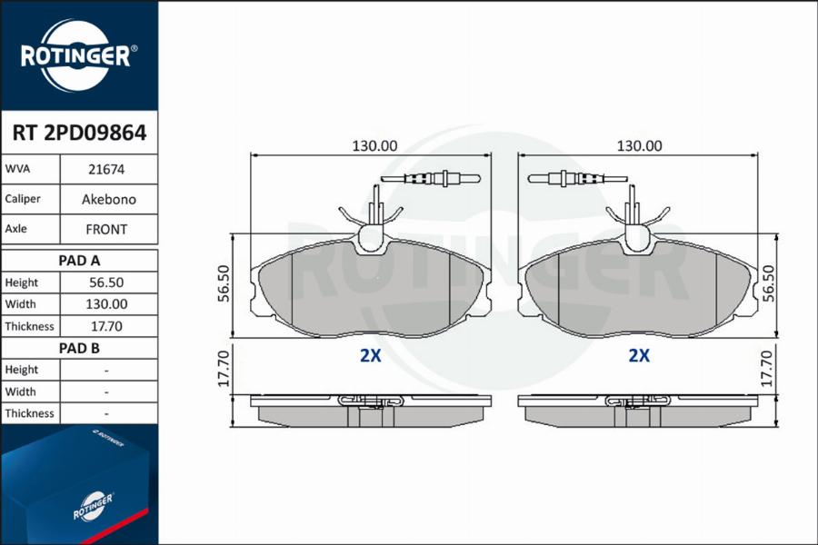 Rotinger RT 2PD09864 - Гальмівні колодки, дискові гальма autozip.com.ua