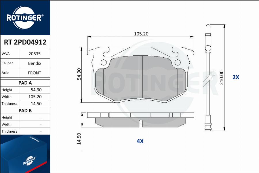 Rotinger RT 2PD04912 - Гальмівні колодки, дискові гальма autozip.com.ua