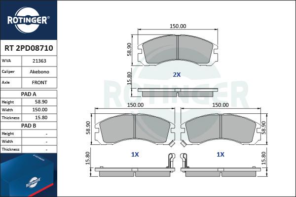 Rotinger RT 2PD08710 - Гальмівні колодки, дискові гальма autozip.com.ua