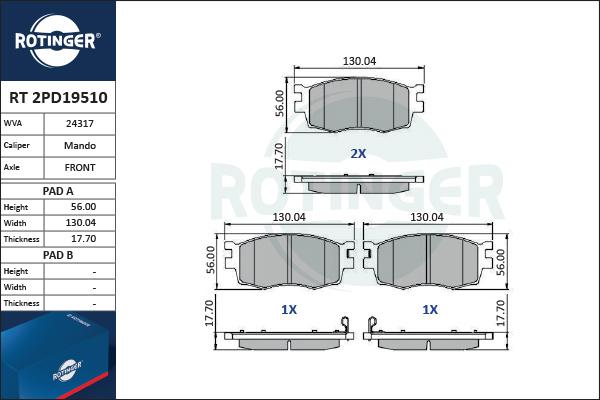 Rotinger RT 2PD19510 - Гальмівні колодки, дискові гальма autozip.com.ua