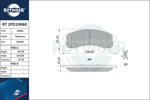 Rotinger RT 2PD19060 - Гальмівні колодки, дискові гальма autozip.com.ua