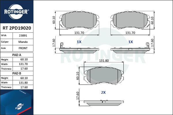 Rotinger RT 2PD19020 - Гальмівні колодки, дискові гальма autozip.com.ua