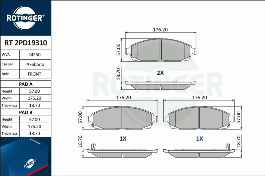 Rotinger RT 2PD19310 - Гальмівні колодки, дискові гальма autozip.com.ua