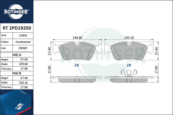 Rotinger RT 2PD19250 - Гальмівні колодки, дискові гальма autozip.com.ua