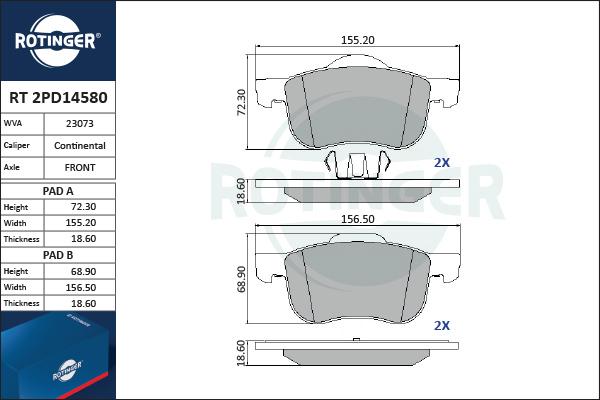 Rotinger RT 2PD14580 - Гальмівні колодки, дискові гальма autozip.com.ua