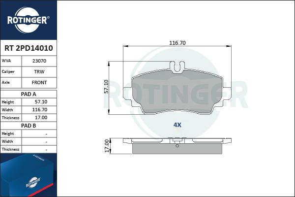 Rotinger RT 2PD14010 - Гальмівні колодки, дискові гальма autozip.com.ua