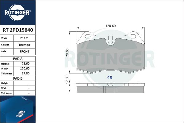 Rotinger RT 2PD15840 - Гальмівні колодки, дискові гальма autozip.com.ua